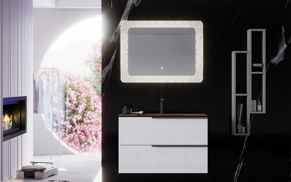 Oglindă lemn masiv cu iluminare LED si acționare touch Efect Cristale 80x60cm