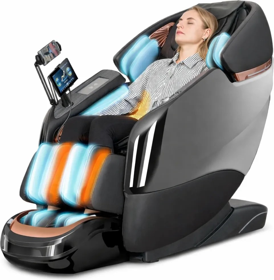 Fotoliu de masaj ZEENA INFINITY PRO, AI voce, Incalzire, Bluetooth, Zero Gravity SL-Track Shiatsu, Joystick și suport pentru telefon, Controler rapid cotiera, 2 Boxe, Moduri Automate, Suport Picioare extensibil, Piele PU Premium, Negru