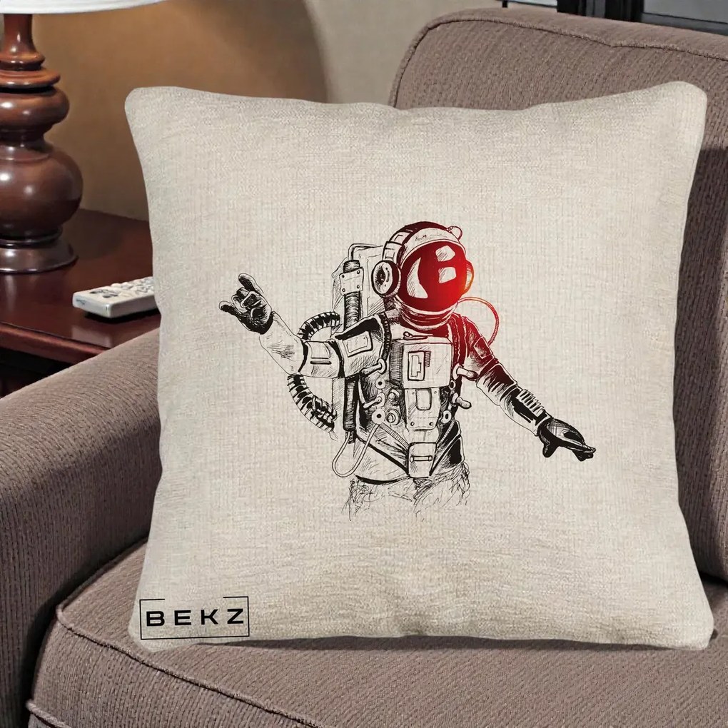Perna Decorativa Astronaut Rock Sketching, 40x40 cm, Bej Canapea, Husa Detasabila, Perna Inclusa, BEKZ®