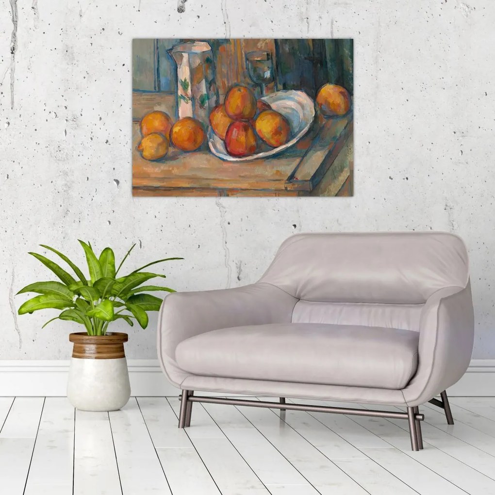 Tablou pe sticlă - Paul Cézanne, Still Life with Milk Jug and Fruit, reproducere (70x50 cm)