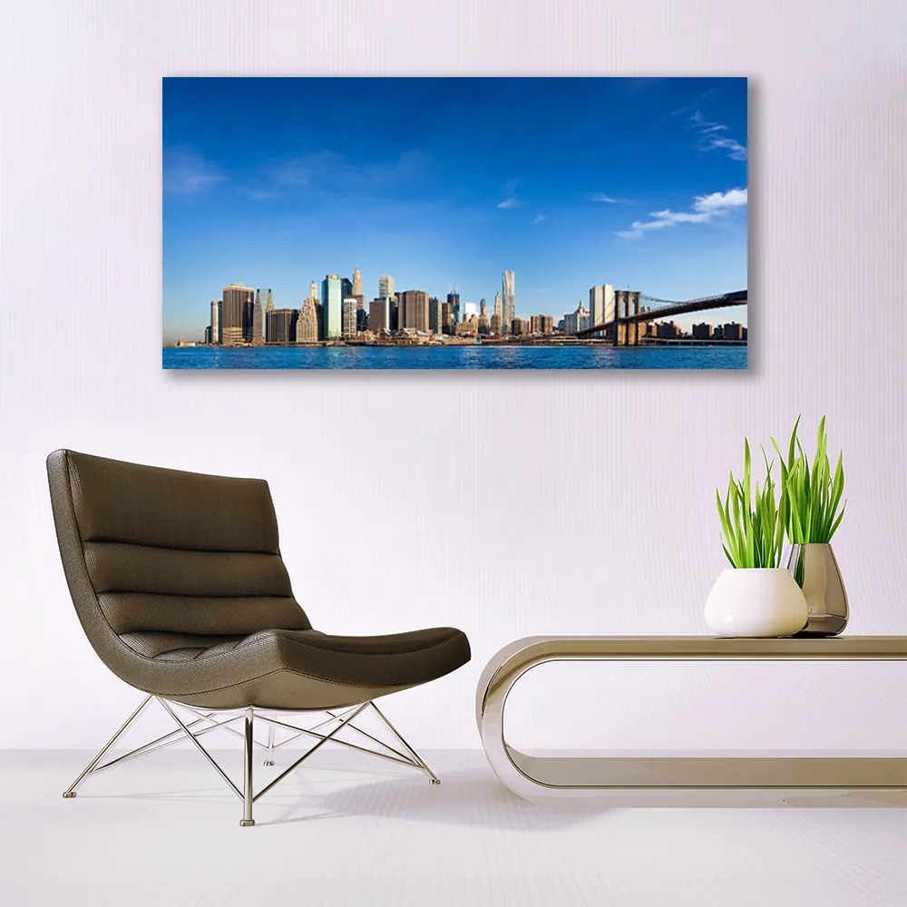 Tablou pe panza canvas Bridge City Case Gri Albastru Negru