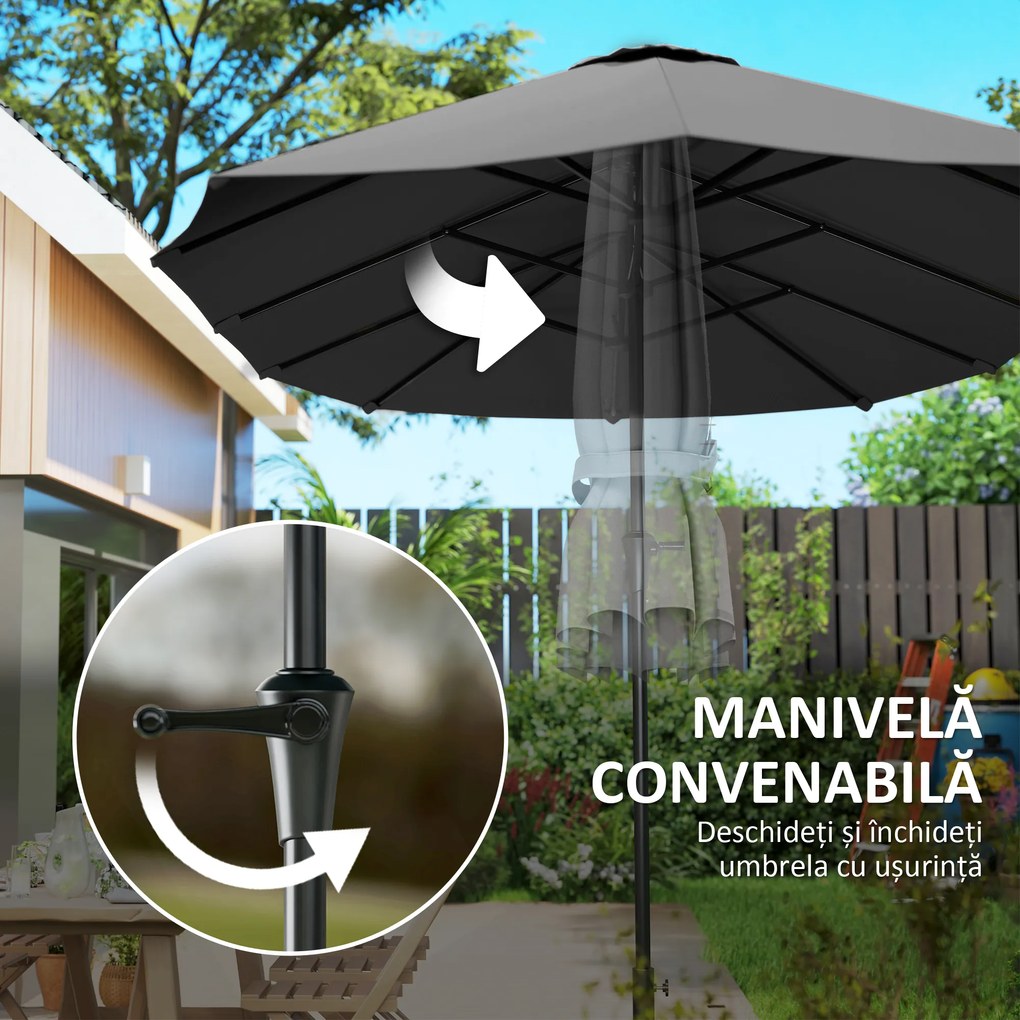 Outsunny Umbrelă Dublă de Grădină cu 12 Spițe, Orificii de Ventilație și Manivelă, 400x220x234 cm, Gri Închis | Aosom Romania