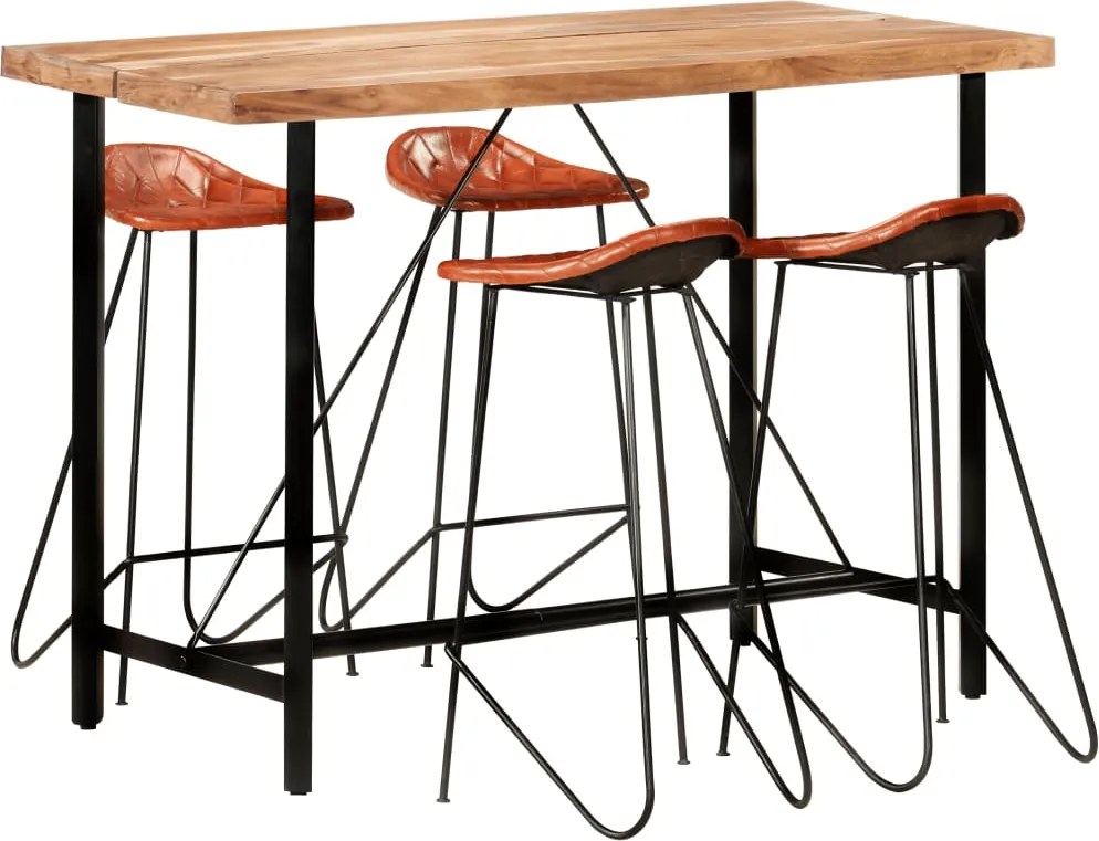 vidaXL Set de bar, 5 piese, lemn masiv și piele naturală