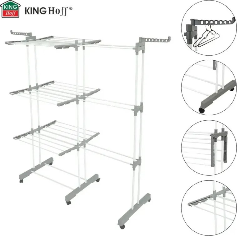Uscător de rufe Kinghoff KH 2044, 30 m, până la 30 kg, 3 niveluri, roți, oțel, alb/gri