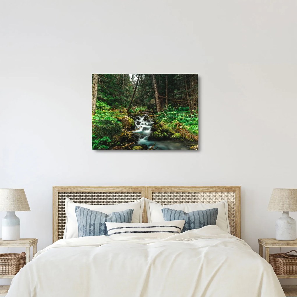 Tablou pe sticlă cu pârău în pădure (70x50 cm)