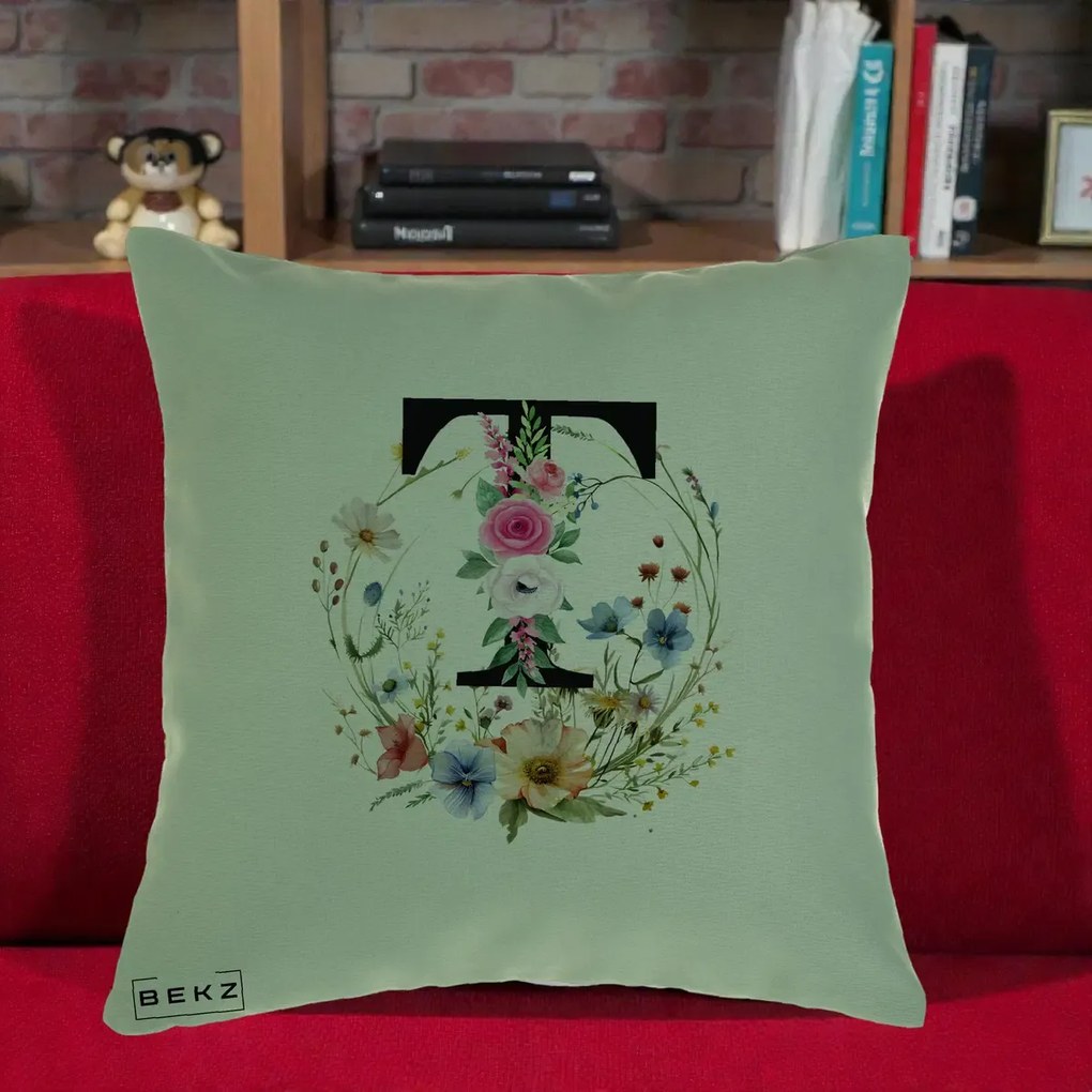 Cadou Personalizat - Perna Personalizata Monogram Litera T cu Flori Acuarela, 40x40 cm, Verde, Husa Detasabila, Perna Inclusa, BEKZ®