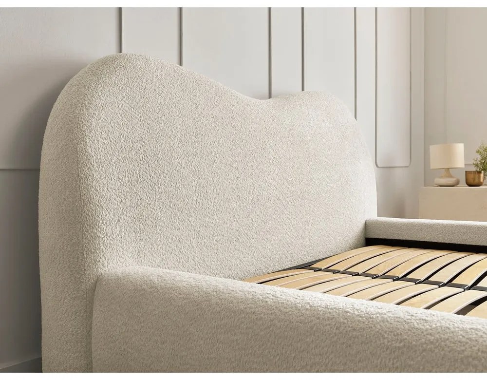 Pat matrimonial bej tapițat cu spațiu de depozitare cu somieră 180x200 cm Orlane – Bobochic Paris