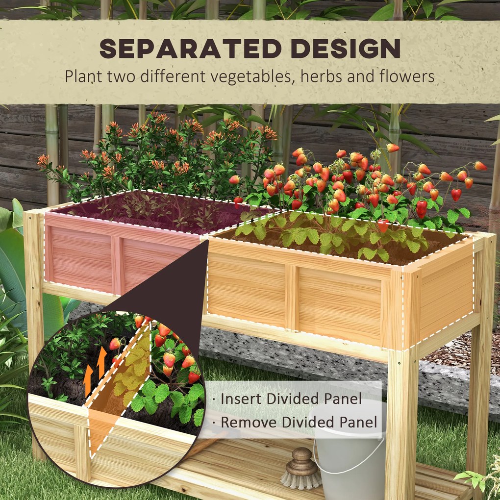 Outsunny Jardinieră pe picioare cu separator detașabil, raft, inserturi pentru irigare, material geotextil de drenaj 115L x 46l x 75Î cm | Aosom Romania