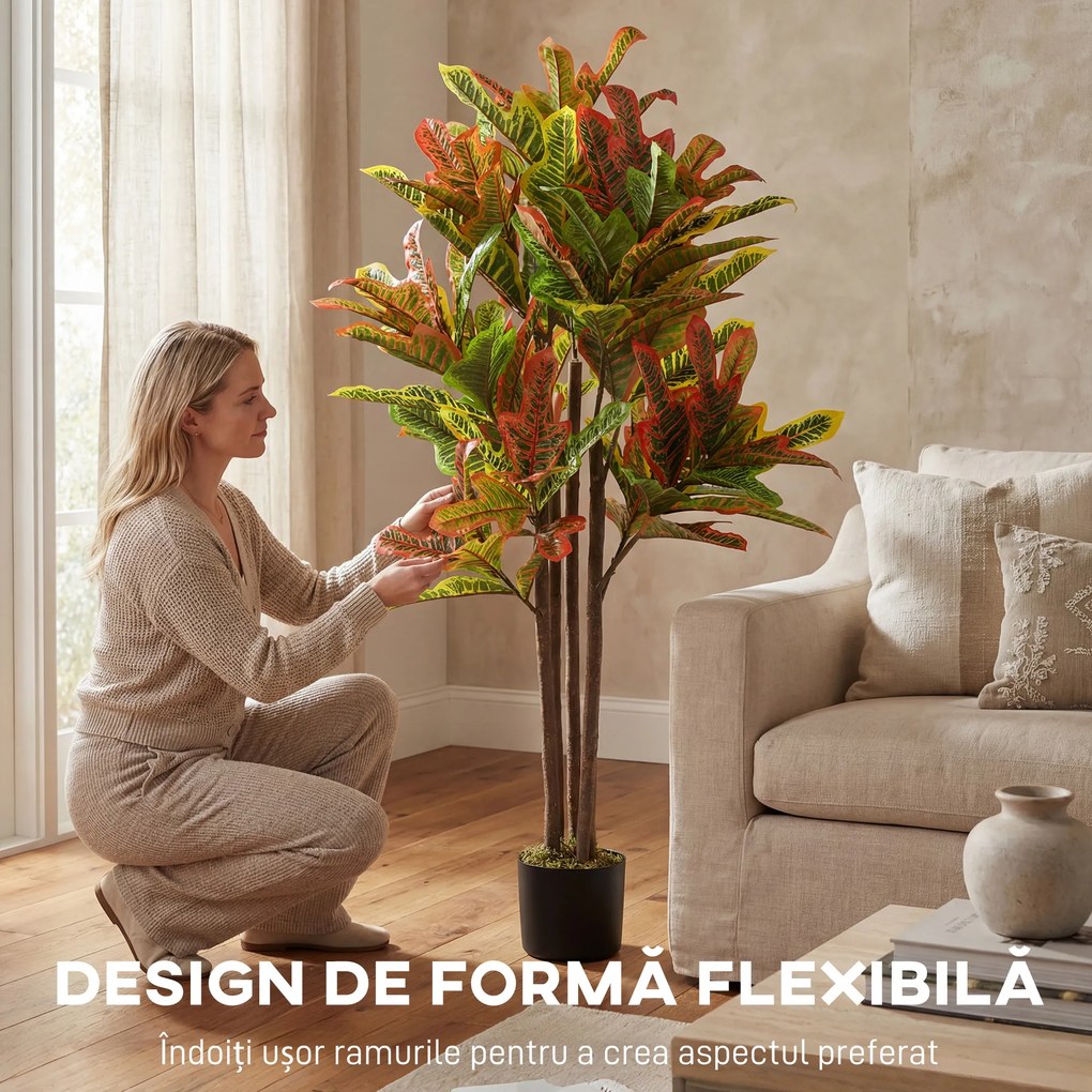 HOMCOM Plantă Artificială Croton cu 139 Frunze Modelabile și Ghiveci Alb din PP și Ciment, Plantă Falsă din PEVA și Lemn, 55x55x120 cm, Multicolor | Aosom Romania