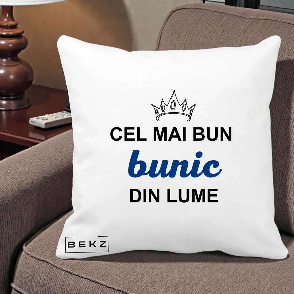 Cadou pentru Bunic - Perna Personalizata Cel Mai Bun Bunic Din Lume Coroana Albastra, 40x40 cm, Alba Mata, Husa Detasabila, Perna Inclusa, BEKZ®