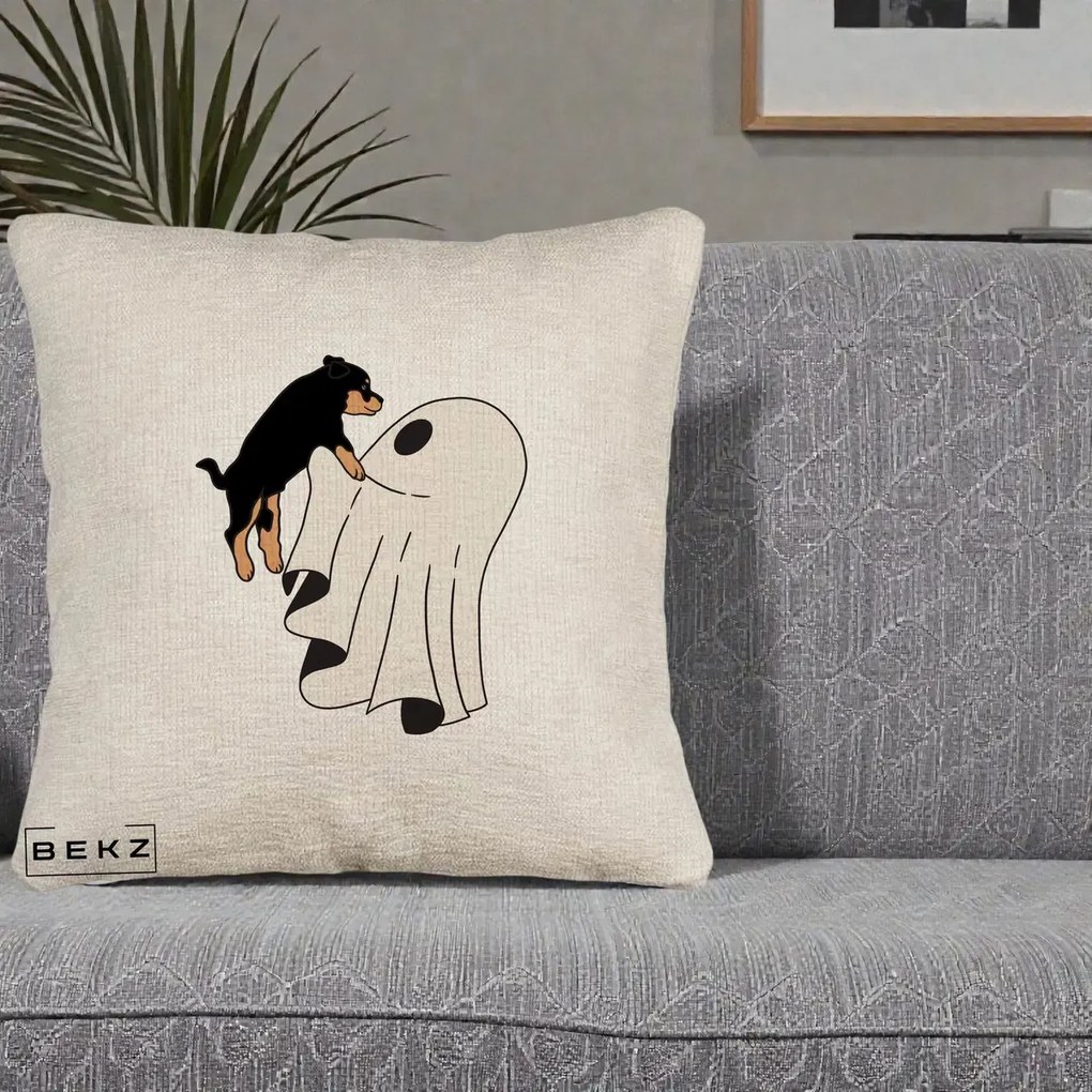 Perna Decorativa Caine Rottweiler Fantoma Halloween, 40x40 cm, Bej Canapea, Husa Detasabila, Perna Inclusa, BEKZ®