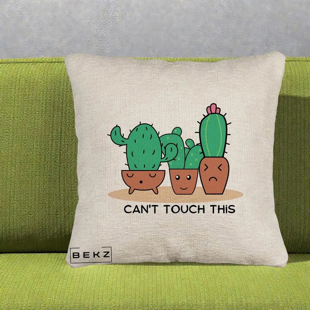 Perna Decorativa Cactus Funny Can't Touch This, 40x40 cm, Bej Canapea, Husa Detasabila, Perna Inclusa, BEKZ®
