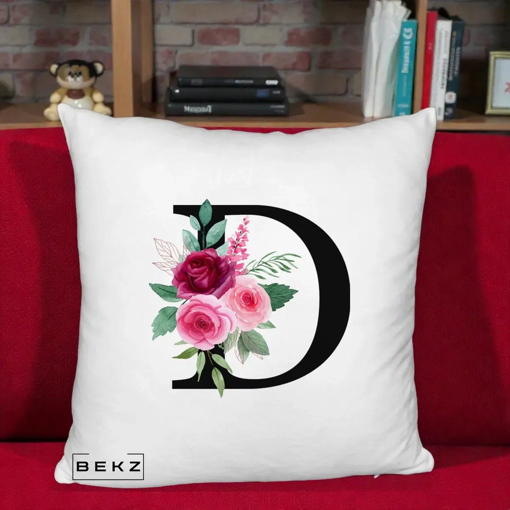 Cadou Personalizat - Perna Personalizata Monograma Florala Litera D, 40x40 cm, Alb Pufos, Husa Detasabila, Perna Inclusa, BEKZ®