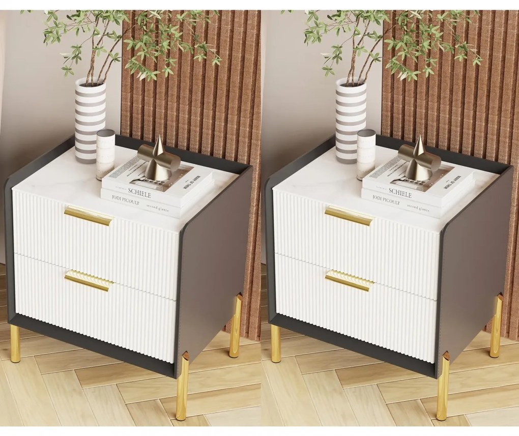 NOG3 - Set 2 Noptiere, 48 cm, cu 2 sertare pentru dormitor, Piele Ecologica si Riflaje - Gri- Alb - Auriu