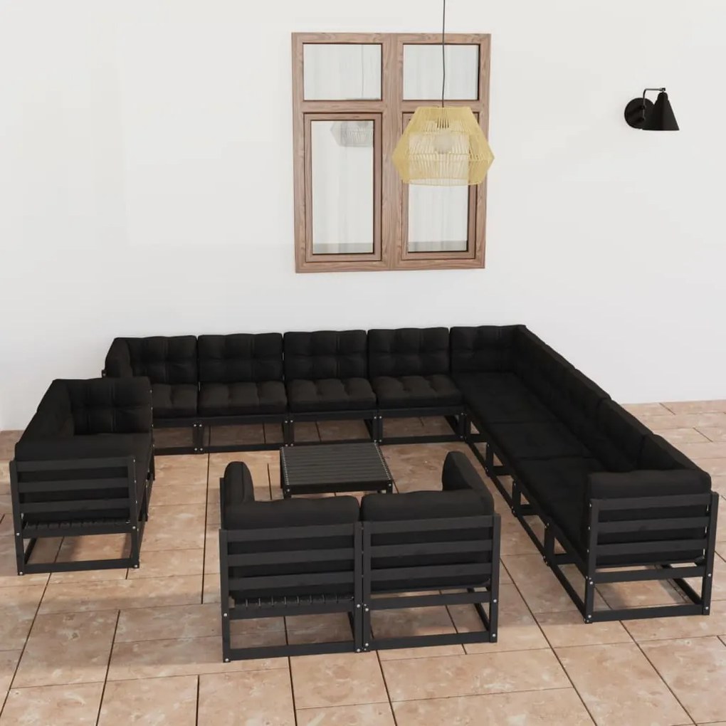 Set mobilier de grădină cu perne14 piese, negru, lemn masiv pin