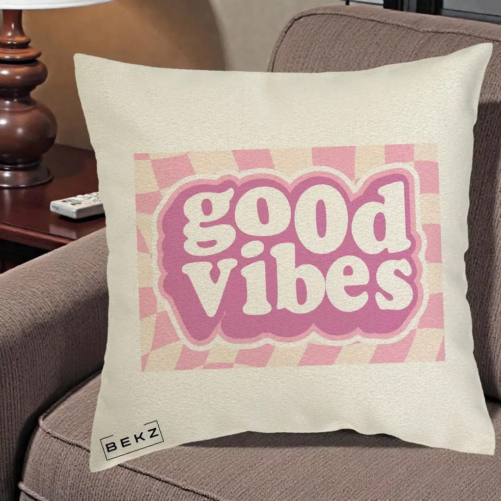 Perna Decorativa Good Vibes Retro Roz, 40x40 cm, Ecru, Husa Detasabila, Perna Inclusa, BEKZ®