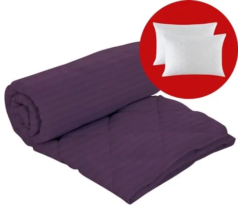 Set pilota iarna, umplutura lana, material damasc policoton, 180x210cm, matlasata, mov inchis, Pucioasa cu 2 perne, matlasate, antialergice, 50x70cm, albe, Pucioasa