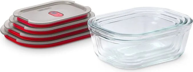 Set de 4 cutii pentru alimente Black+Blum Stack+Nest FBGR-BX-PACK4, 0,38/0,6/0,9/1,2 l, Dreptunghiulare, Potrivite pentru microunde, Fara BPA, Otel inoxidabil, Gri/Rosu