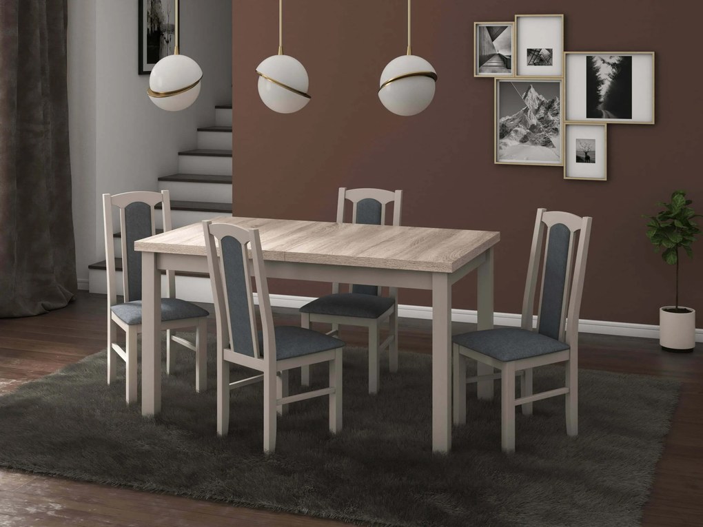 Set masa living Modena1 S cu 4 scaune Boss7 S11, sonoma, extensibila 140/180 cm, lemn masiv/stofa/pal
