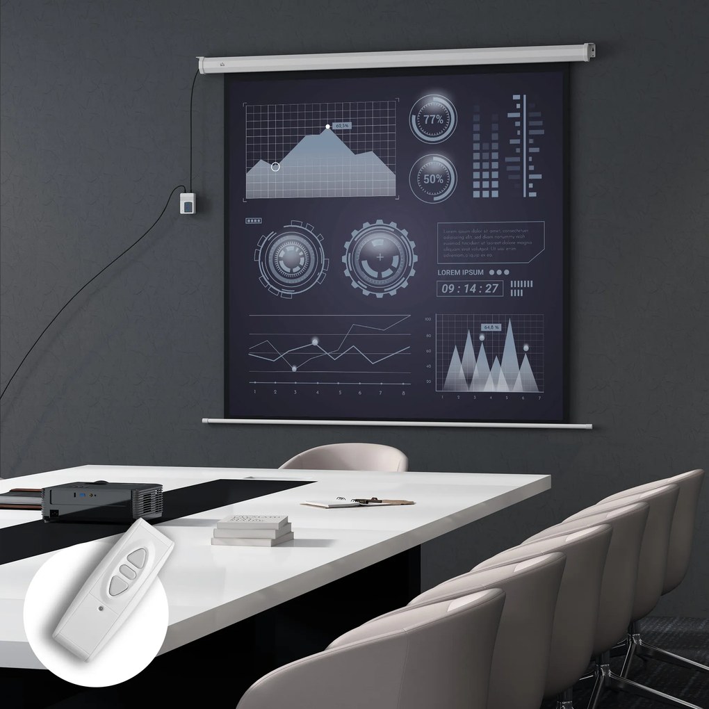 HOMCOM Ecran Proiector de 92 Inch cu Telecomandă, Pânză de Proiector Rulabilă din Plastic și Metal, 189,5x8x189,5 cm, Alb | Aosom Romania
