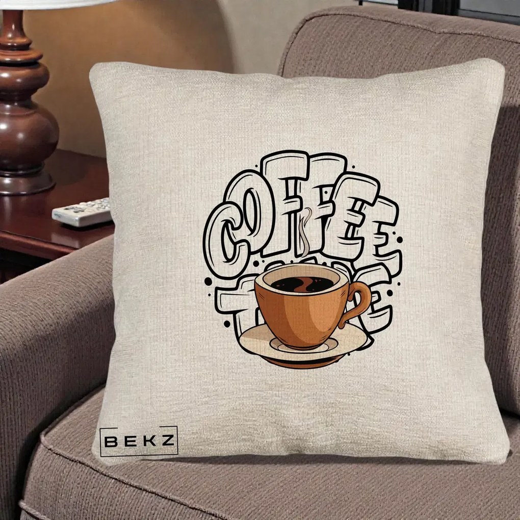 Perna Personalizata COFFEE cu Cana, 40x40 cm, Bej Canapea, Husa Detasabila, Perna Inclusa, BEKZ®