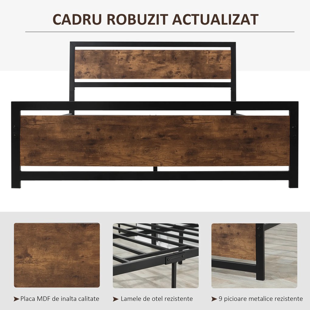 HOMCOM Cadru Pat Matrimonial din Lemn si Otel 160x200cm, Sipci Integrate si Tetiera in Stil Industrial, Negru Maro Rustic