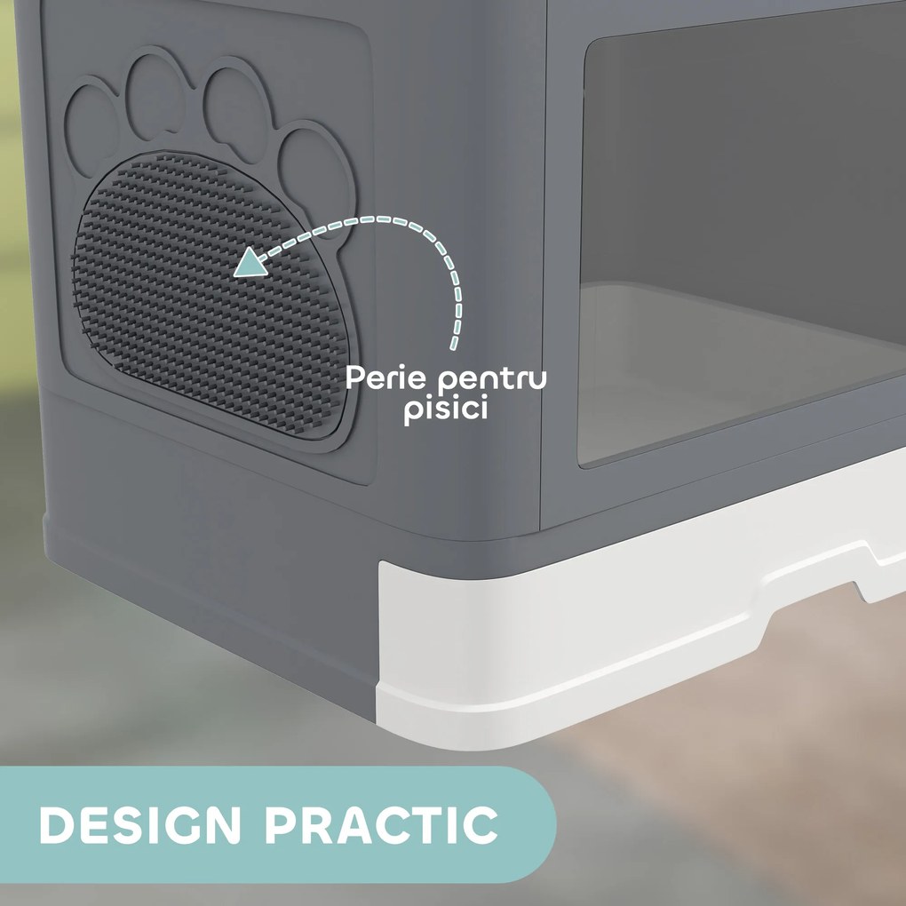 PawHut Litieră pentru Pisici cu Capac Intrare Dublă, Sertar, Lopată Gri | Aosom Romania