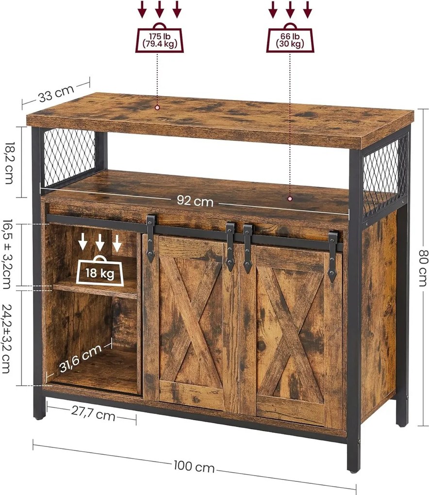 Bufet cu usi grisante Vasagle, 100x33x80 cm, PAL/otel, maro rustic