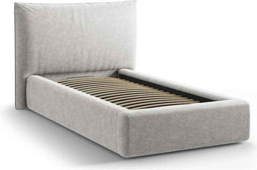 Pat gri deschis tapițat cu spațiu de depozitare cu somieră 90x200 cm Kaelle – Micadoni