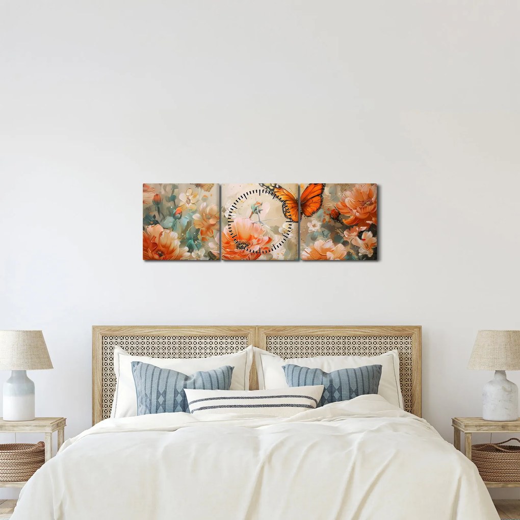 Tablou - Fluture și flori, pictură în ulei (cu ceas) (90x30 cm)