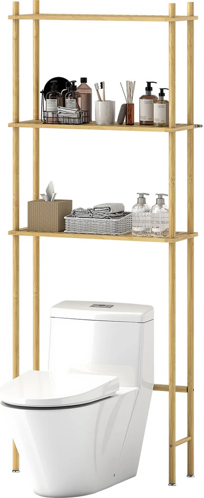 HOMCOM Raft pentru toaletă 3 niveluri, raft de baie economisitor de spațiu lemn natural 69 x 25,5 x 181 cm | Aosom Romania