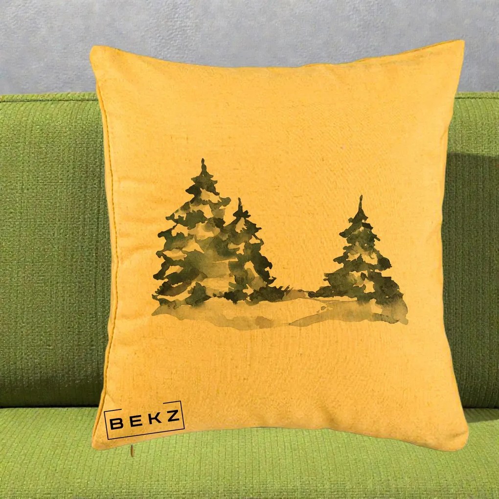 Perna Decorativa Brazi Inzapeziti Acuarela, 40x40 cm, Galben, Husa Detasabila, Perna Inclusa, BEKZ®