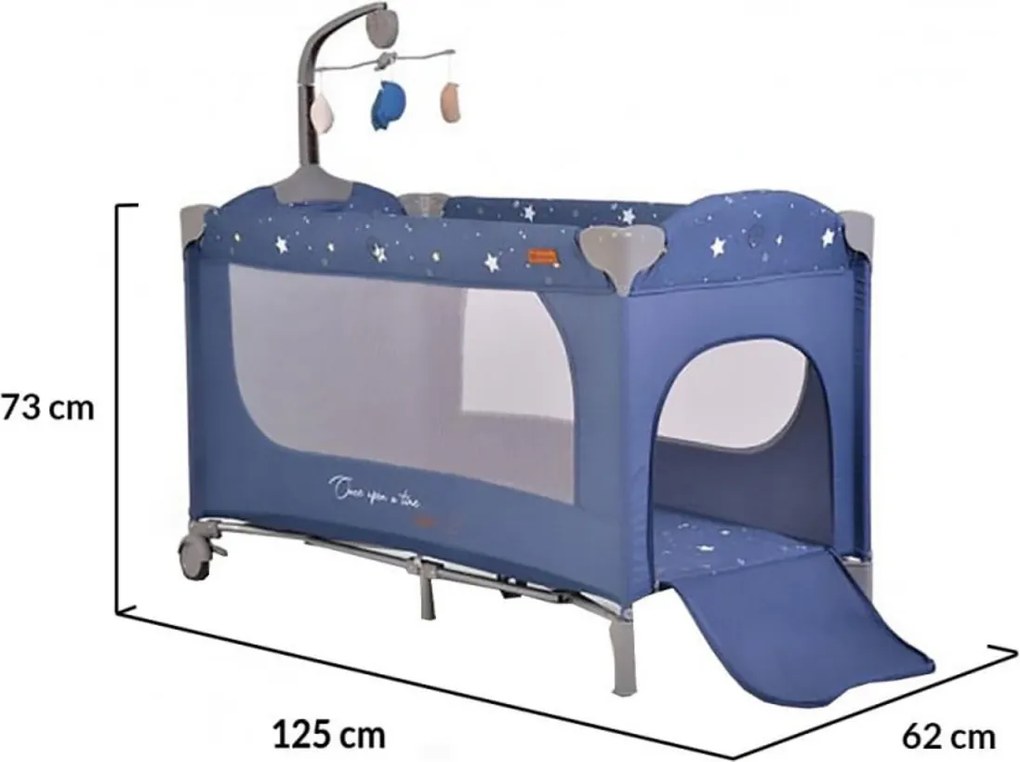 Patut pliant transformabil in tarc copii NOVOKIDS™ Onceuponatime NEST, 62X125 cm, 2 Niveluri, Jucarie Carusel muzical, Fermoar acces lateral, Albastru