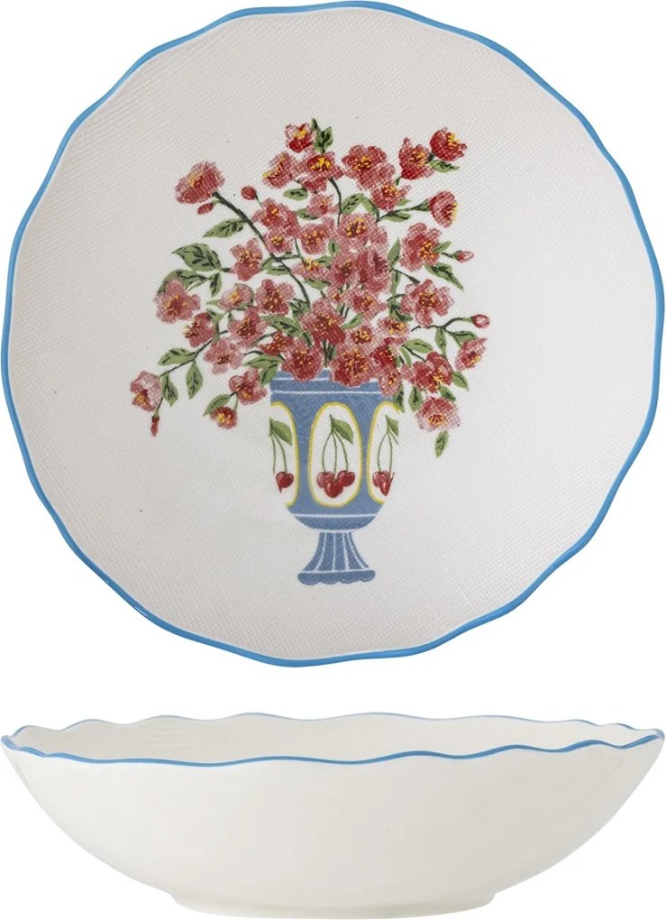 Bol din ceramică cu motive florale și margine ondulată albastră pictată manual, 28×6,5 cm, „Dorothy"