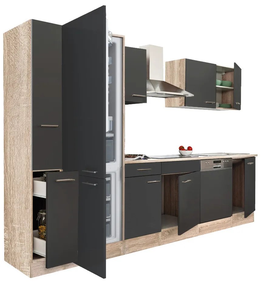 Mobilă de bucătărie Yorki 310, corp din stejar sonoma, față antracit satinat, frigider cu congelator în partea de jos