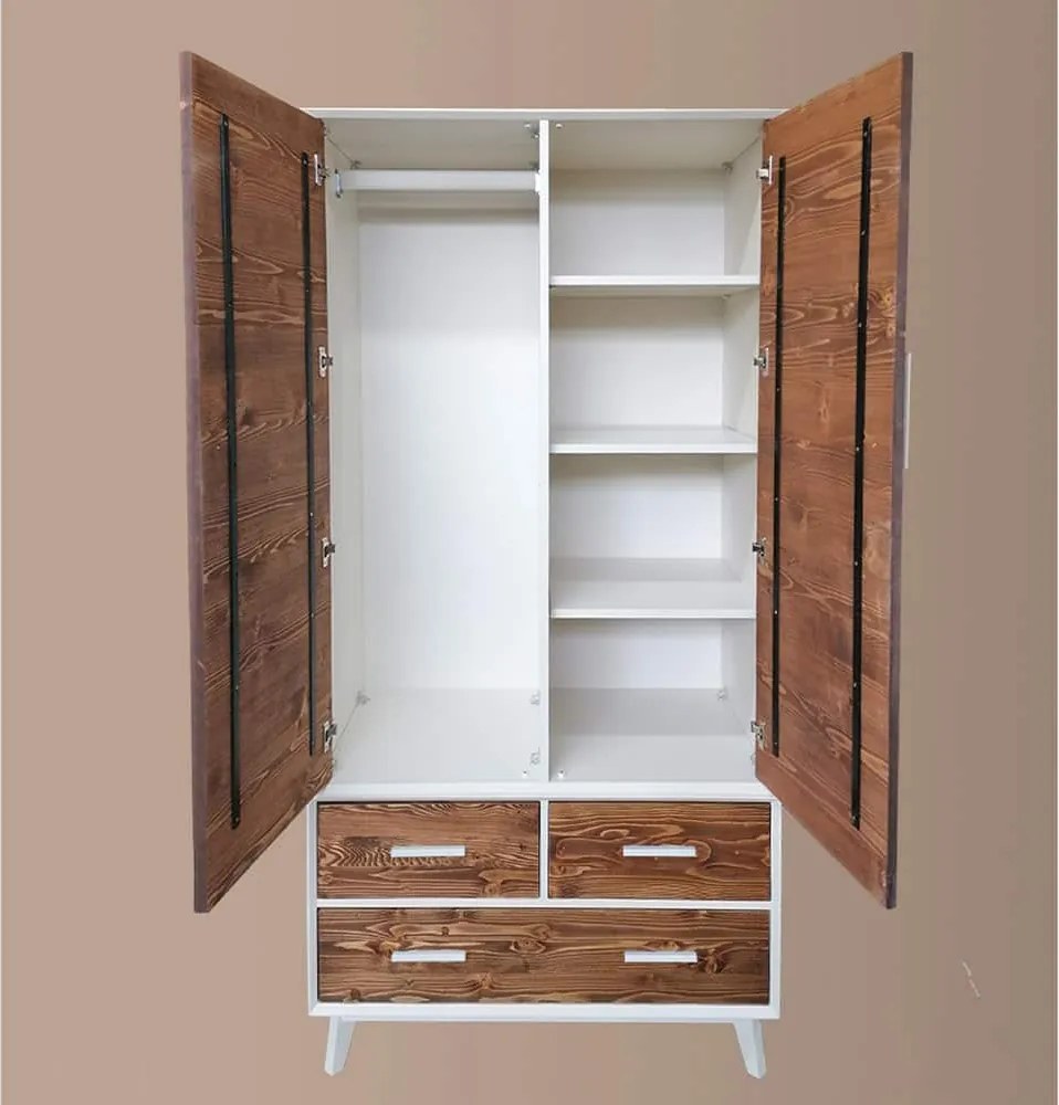 Dulap lemn masiv alb Timeless 3 Sertare 2 Uși, 100 × 55 × 200 cm