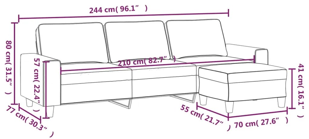 Canapea cu 3 locuri si taburet, gri taupe, 210 cm, microfibra