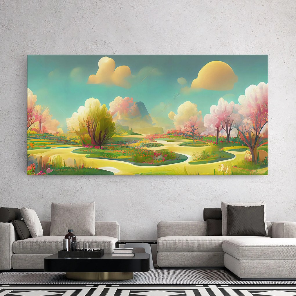 Tablou Canvas, 50x100cm, Dormitor si Living, Peisaje, Vara, Cartoon Spring