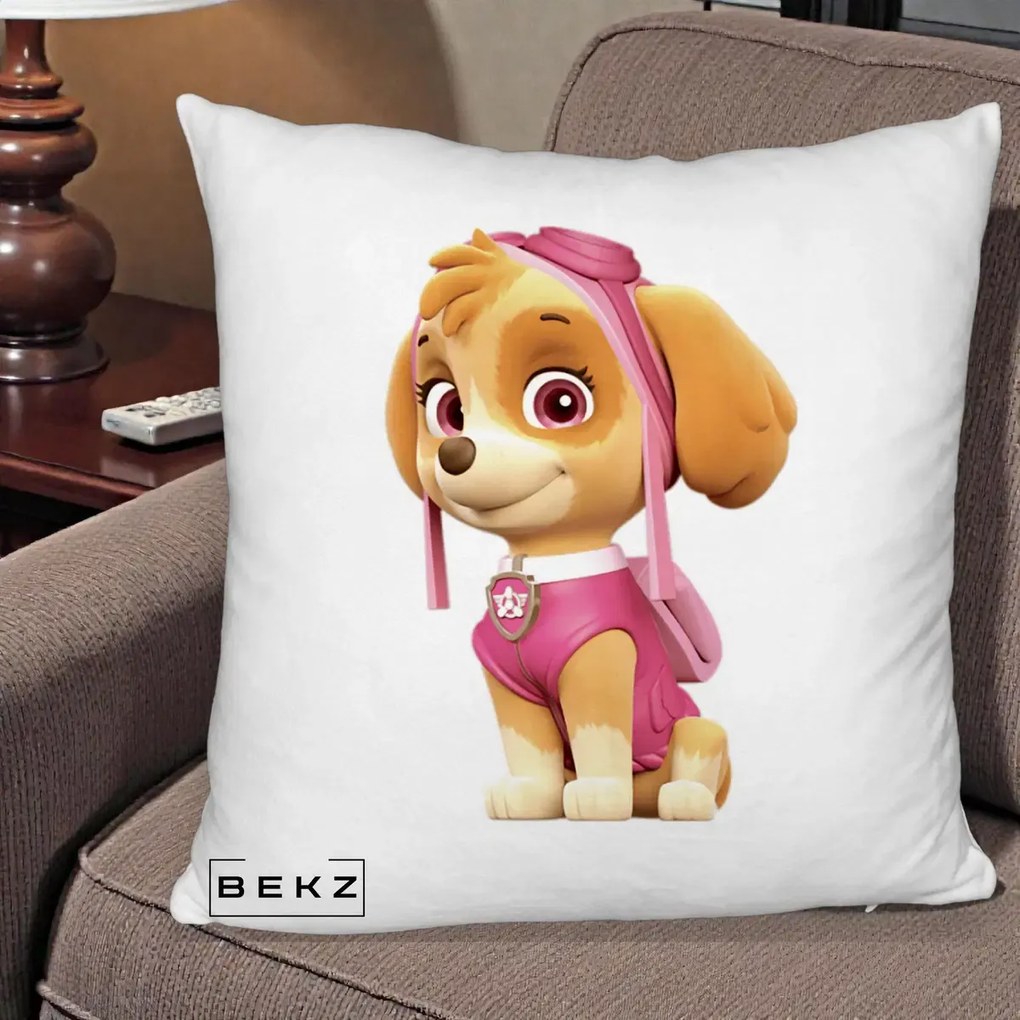 Perna Personalizata Skye PAW Patrol Roz, 40x40 cm, Alb Pufos, Husa Detasabila, Perna Inclusa, BEKZ®