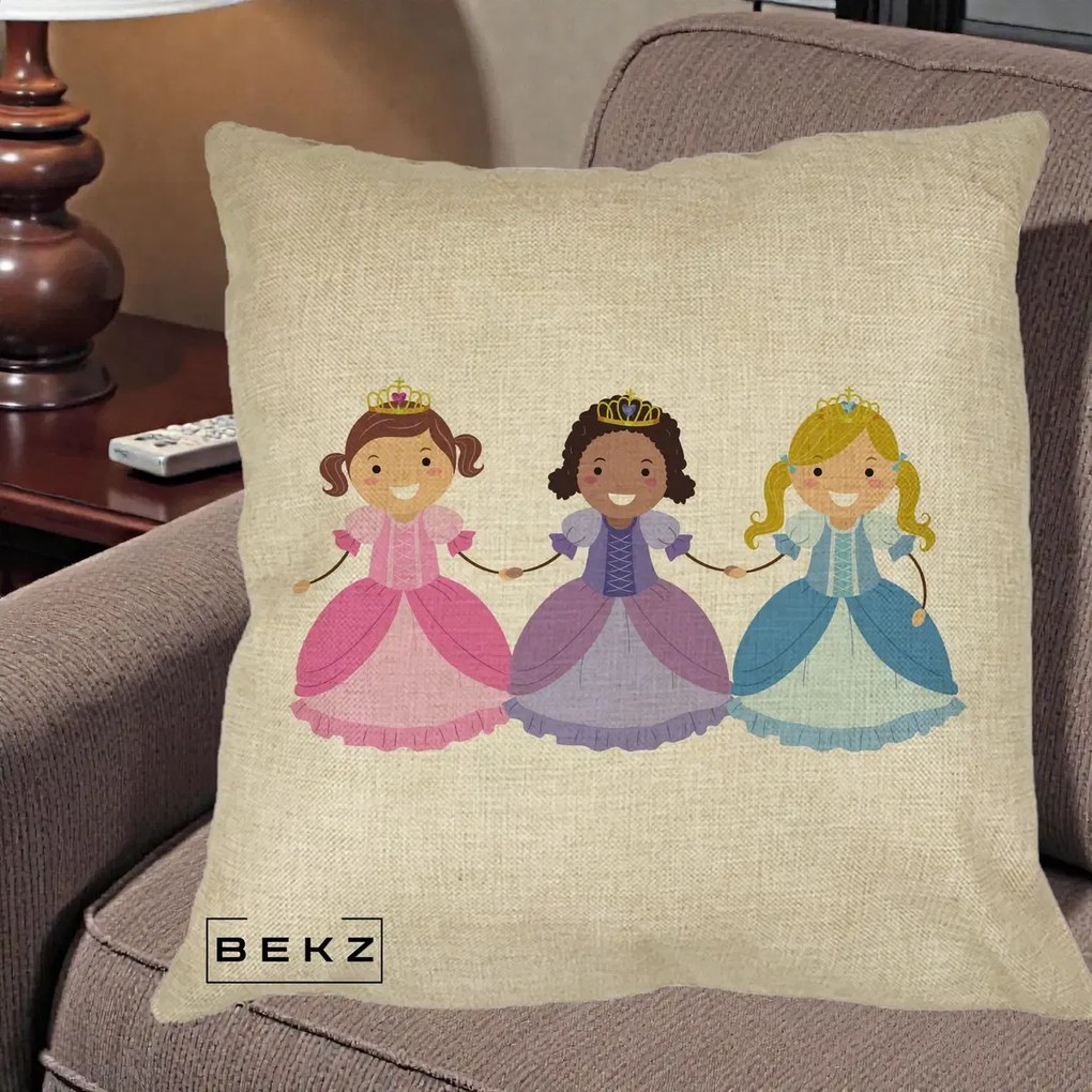 Perna Personalizata Printese Diverse Ilustratie, 40x40 cm, Crem, Husa Detasabila, Perna Inclusa, BEKZ®