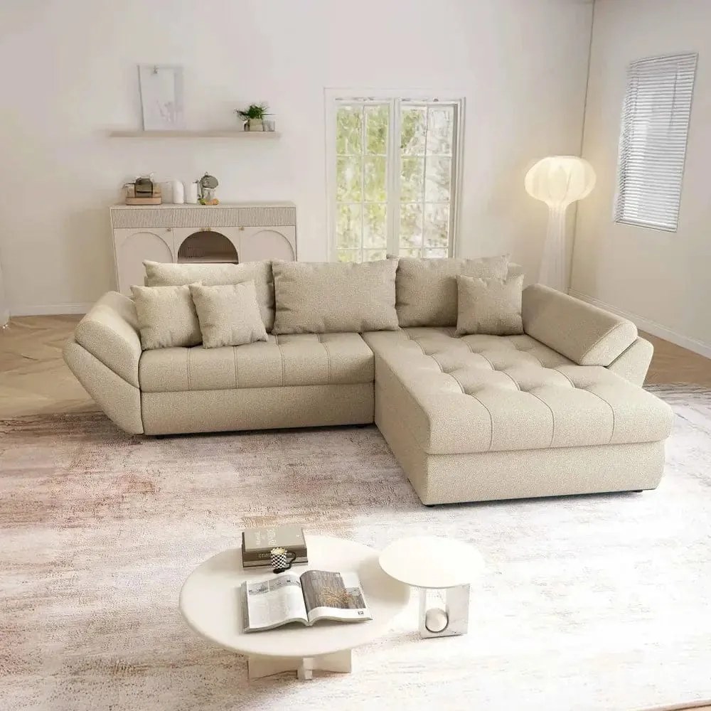 Colțar extensibil dumonde cu ladă de depozitare si sezut confortabil din spuma high-density, Loana Enjoy Camel 270x185 cm