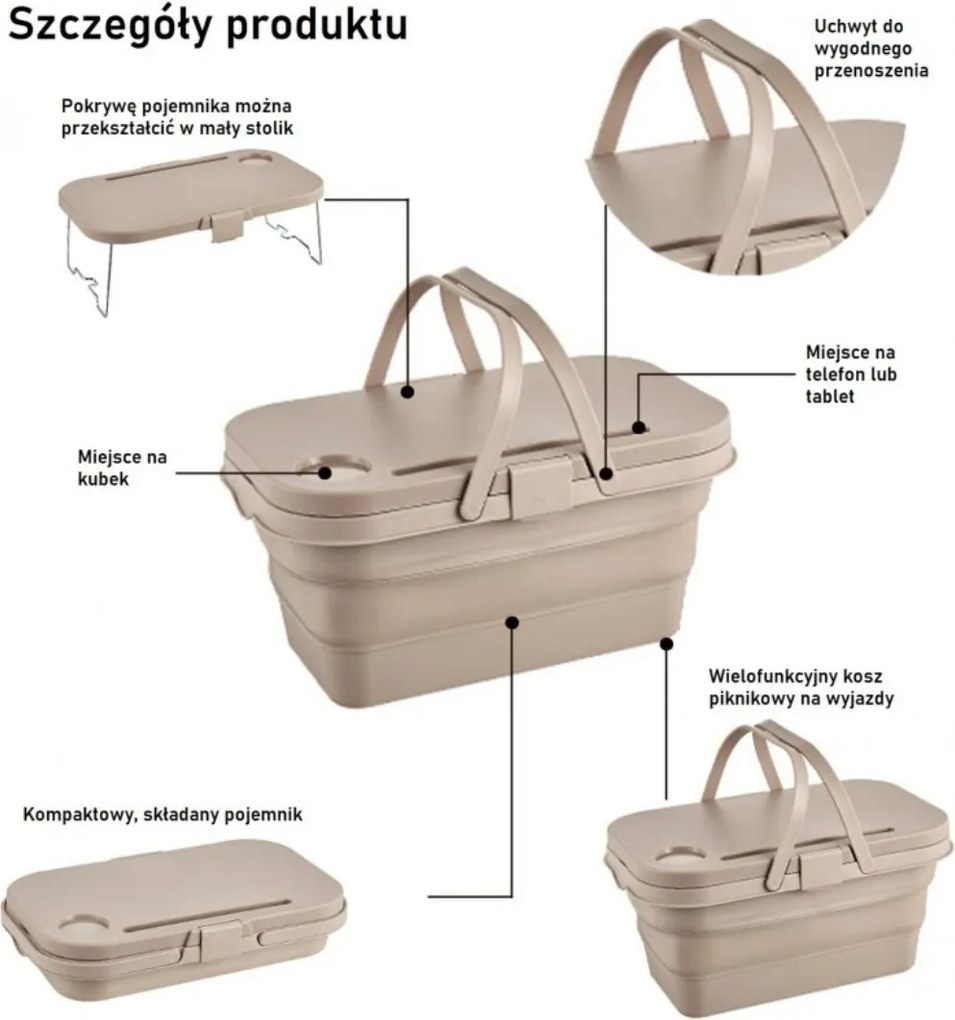 Coș de picnic, pliabil, 3 în 1, bej, masă portabilă, recipient și cutie multifuncțională, 15L, KP03K, eCarla