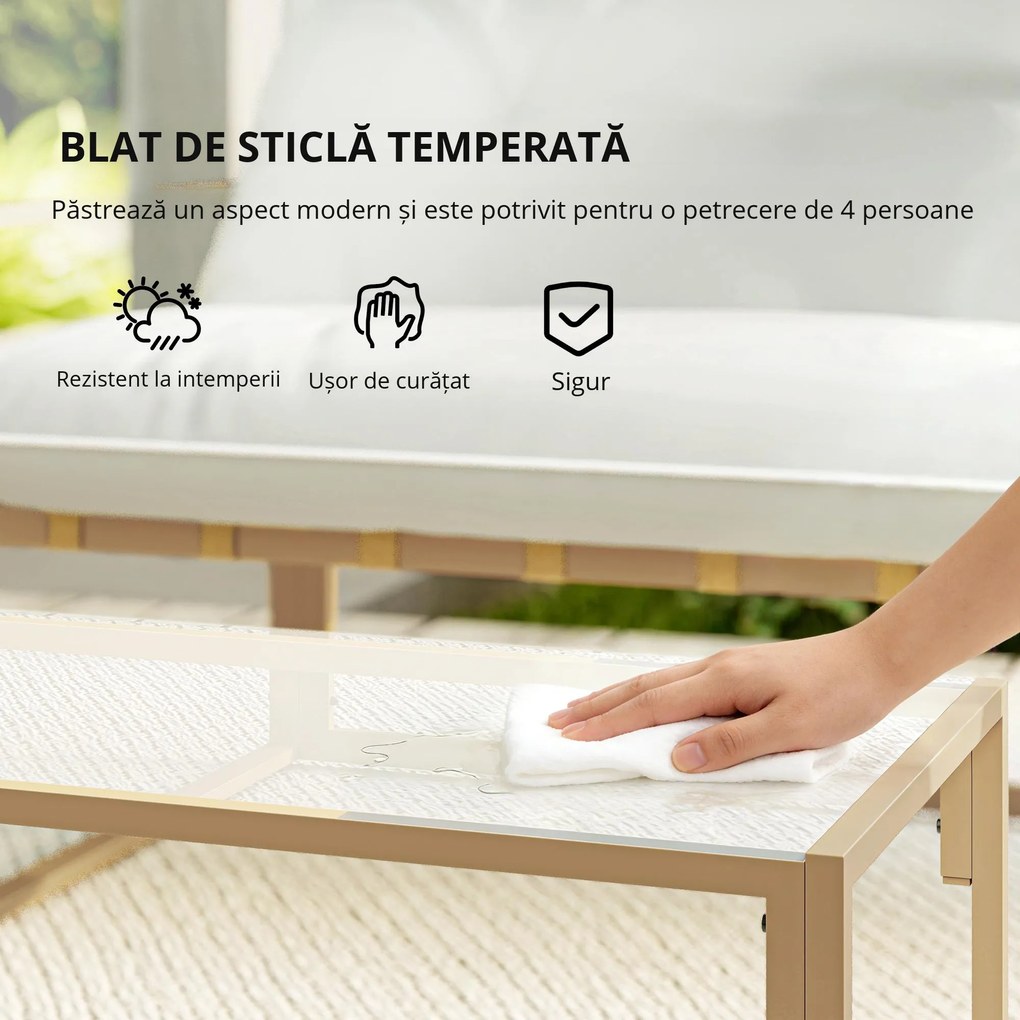 Set mobilier pentru grădină 4 piese Outsunny, set pentru terasă cu masă cu blat din sticlă securizată, canapea, 2 fotolii, Alb | Aosom Romania
