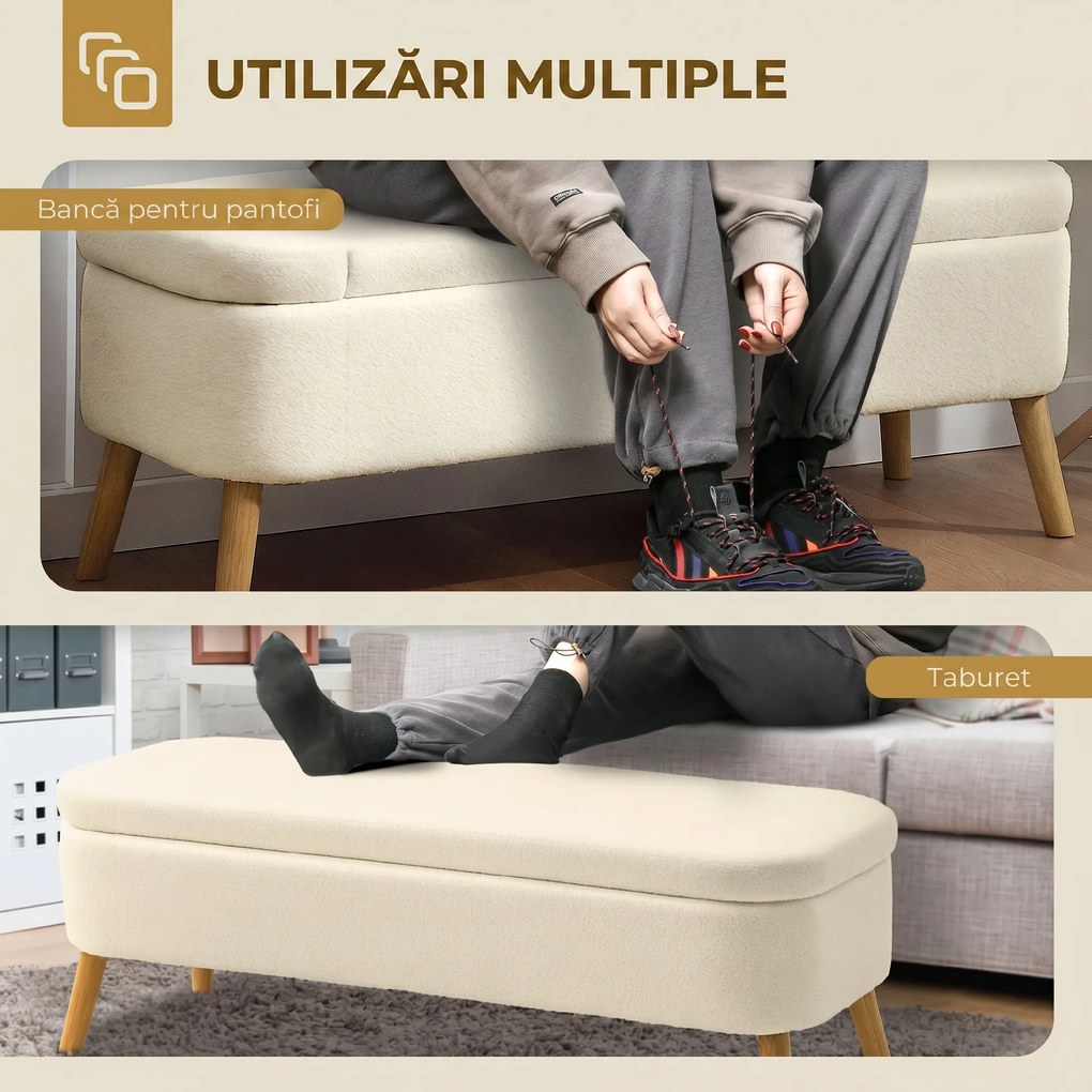 HOMCOM Banca de Depozitare de 65L din Material Teddy și Lemn, 120x42x45 cm, Bej | Aosom Romania