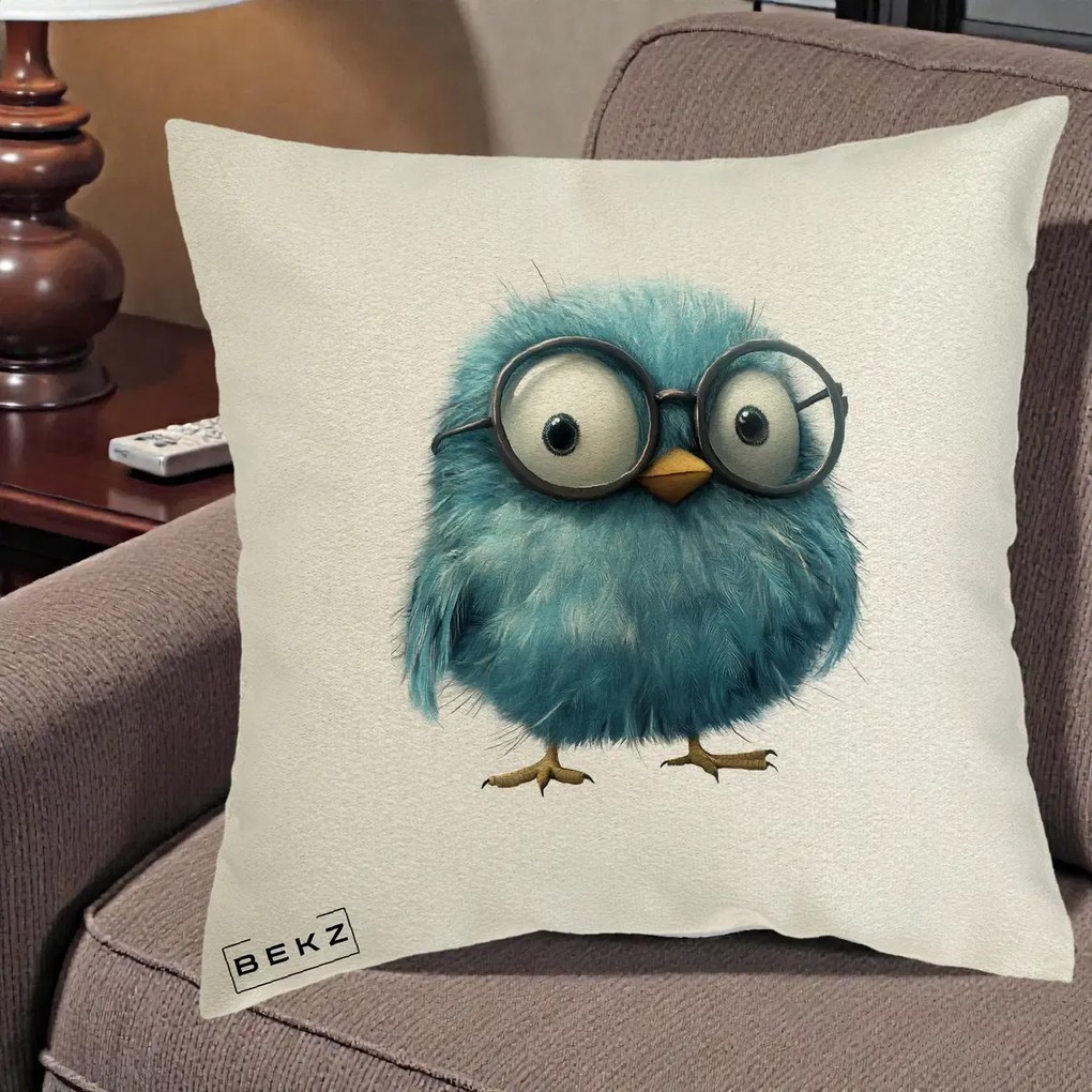 Perna Decorativa Pui Pufos Teal cu Ochelari, 40x40 cm, Ecru, Husa Detasabila, Perna Inclusa, BEKZ®