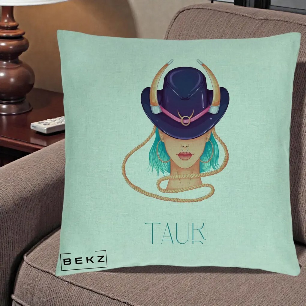 Perna Personalizata Zodie Taur, 40x40 cm, Verde Menta, Husa Detasabila, Perna Inclusa, BEKZ®