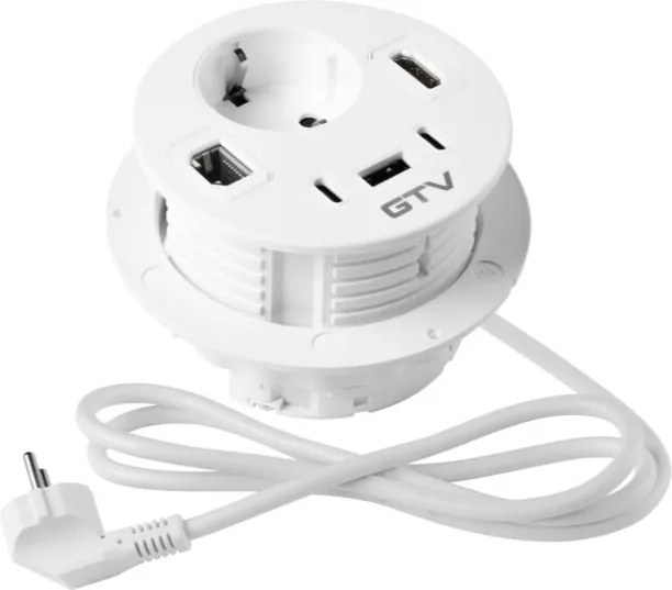 Priză încorporabilă în blat Rondo GTV, 1 priză Schuko, 1 x USB A, 2 x USB C, HDMI, RJ45, alb, D:90 mm D:90 mm, Aluminiu/Plastic, Alb