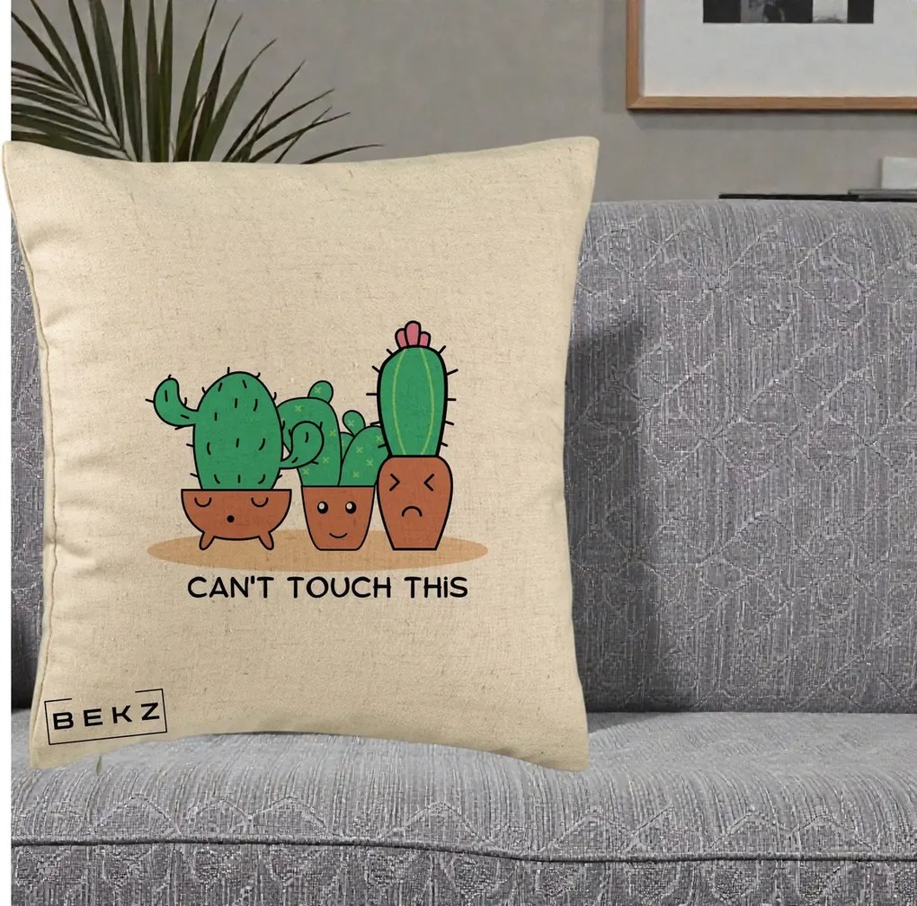 Perna Decorativa Cactus Funny Can't Touch This, 40x40 cm, Bej, Husa Detasabila, Perna Inclusa, BEKZ®