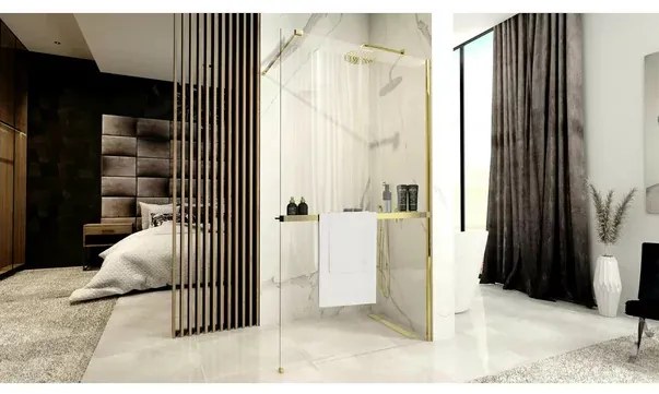 Paravan de dus tip Walk-in Rea Aero N 110x195 cm si etajera cu suport auriu