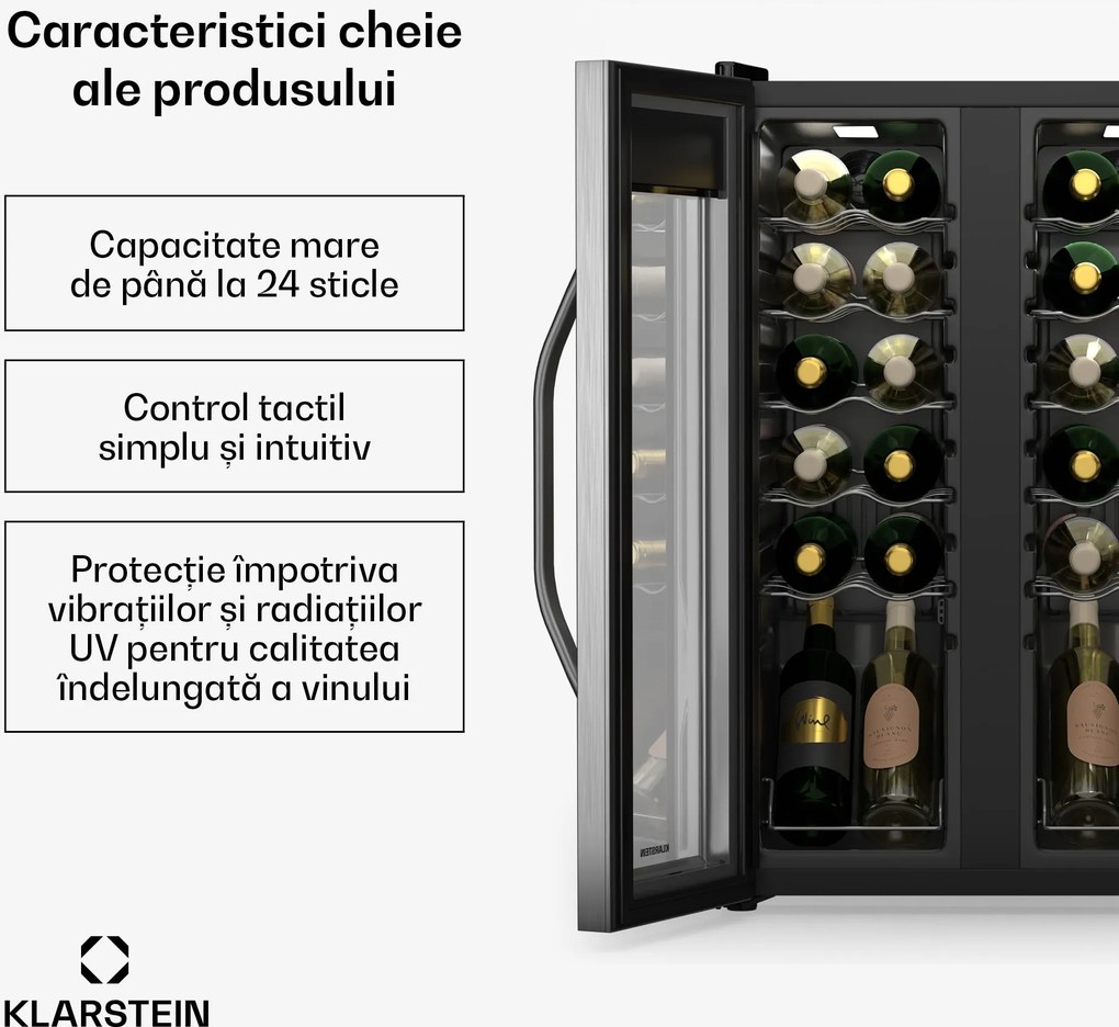 Klarstein Vinamour frigider pentru vinuri, 2 zone de răcire, 7 rafturi, control tactil, protecție UV